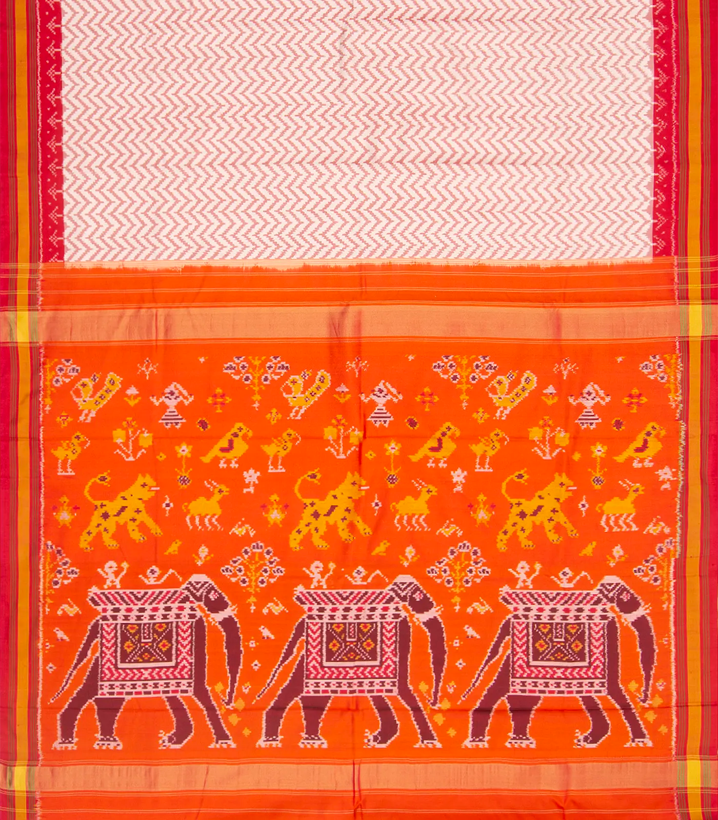 Off White Handwoven Ikat Silk Saree With Chevron Motifs & Orange Pallu-Off White