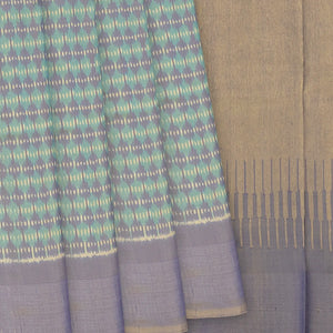 Sea Green Handloom Single Ikat Saree With Grey Border-Sage Green