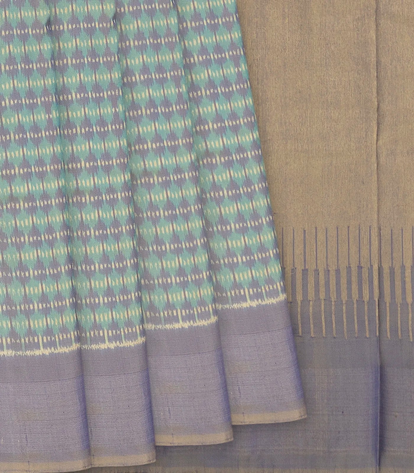 Sea Green Handloom Single Ikat Saree With Grey Border-Sage Green