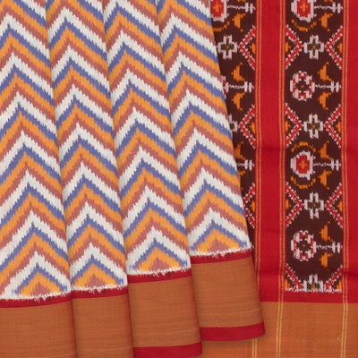 White Handloom Single Ikat Saree With Chevron Motifs-White