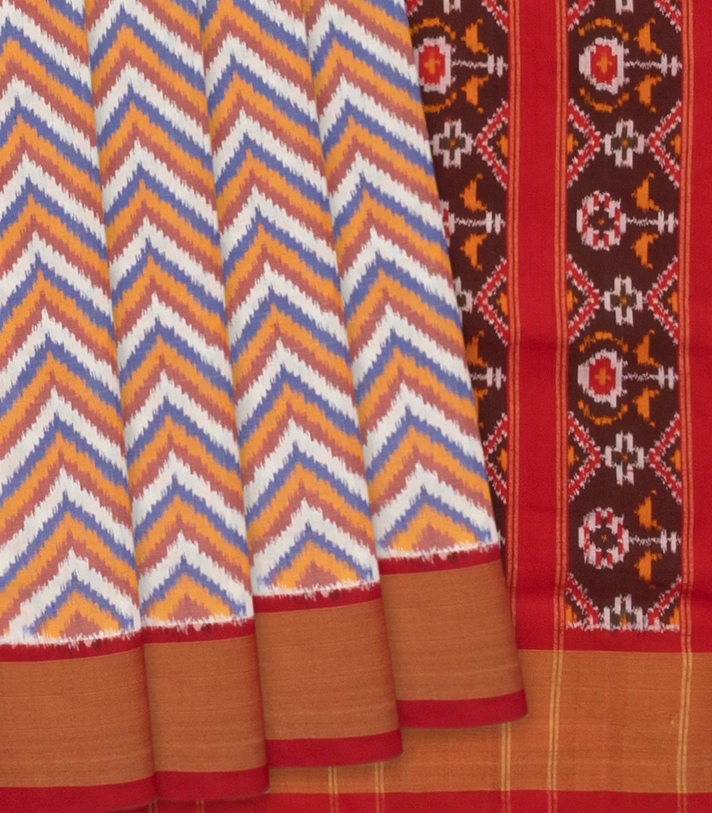 White Handloom Single Ikat Saree With Chevron Motifs-White