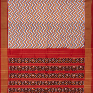 White Handloom Single Ikat Saree With Chevron Motifs-White
