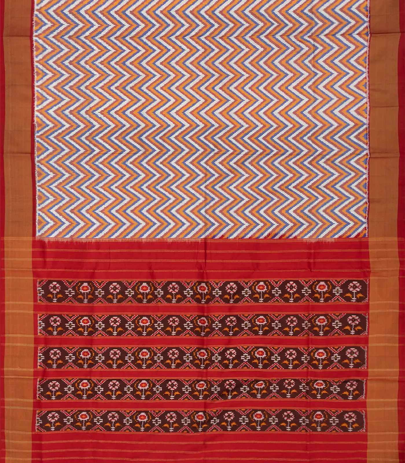 White Handloom Single Ikat Saree With Chevron Motifs-White