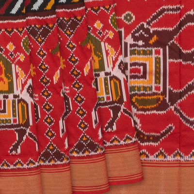 Multicolour Handloom Single Ikat Saree With Red Border-Multi colour