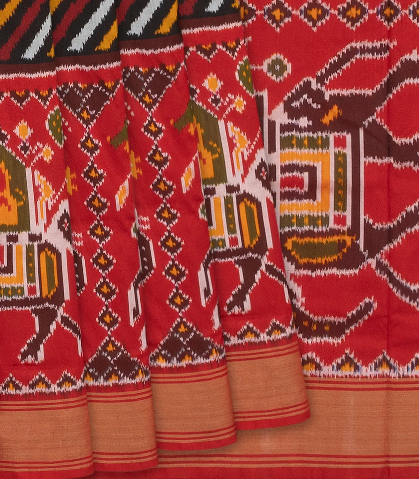 Multicolour Handloom Single Ikat Saree With Red Border-Multi colour