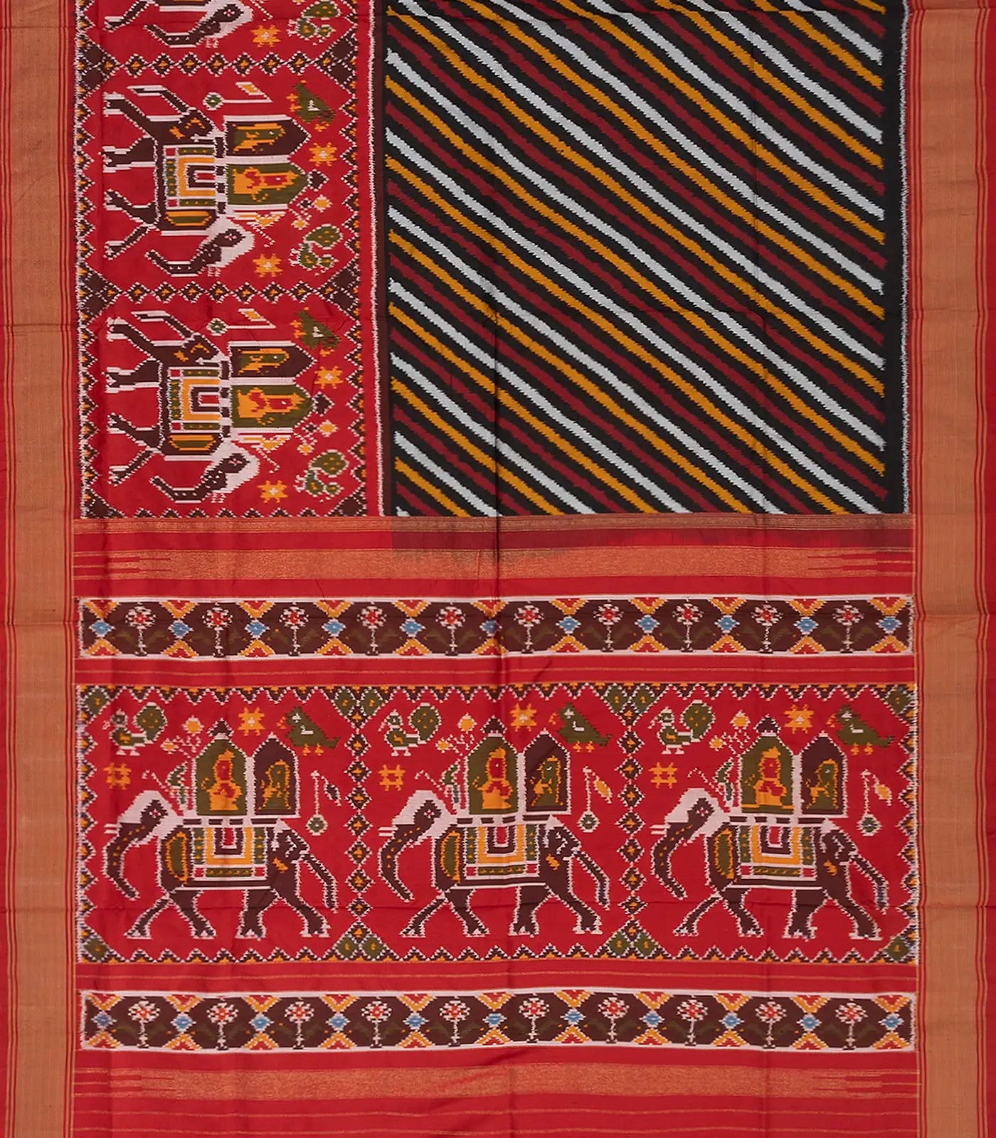 Multicolour Handloom Single Ikat Saree With Red Border-Multi colour