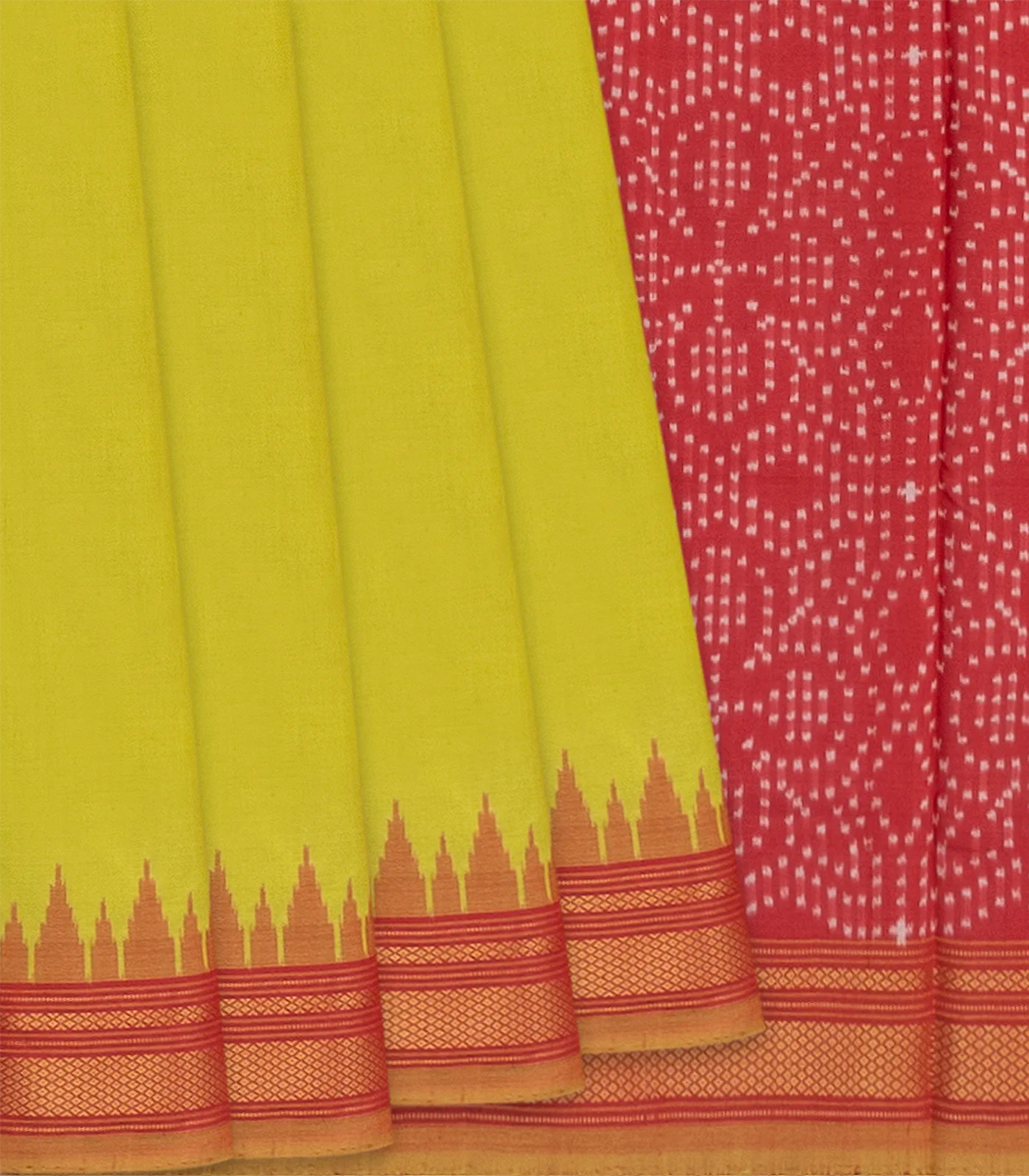 Leaf Green Handloom Single Ikat Saree With Red Border-Leaf Green
