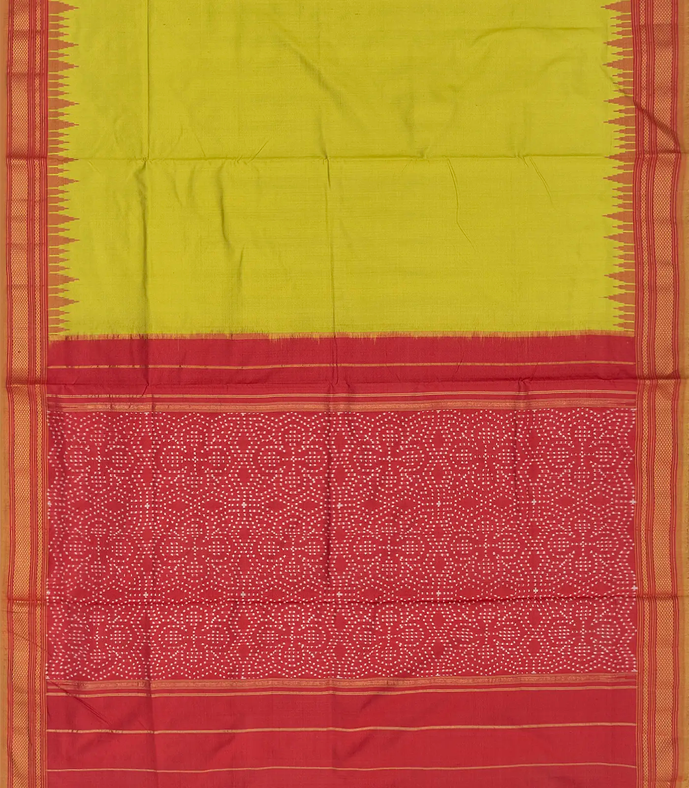 Leaf Green Handloom Single Ikat Saree With Red Border-Leaf Green