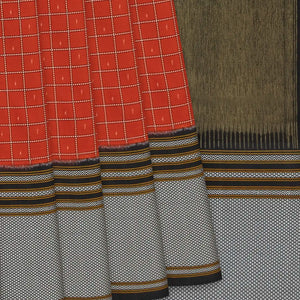 Rust Handloom Single Ikat Saree With Checks-Rust
