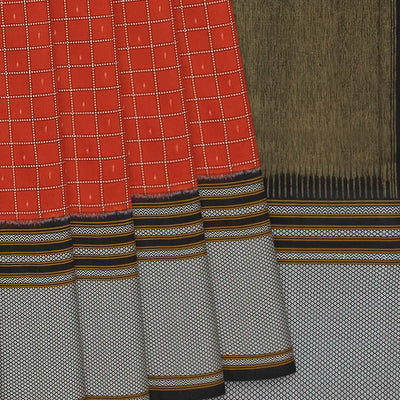 Rust Handloom Single Ikat Saree With Checks-Rust