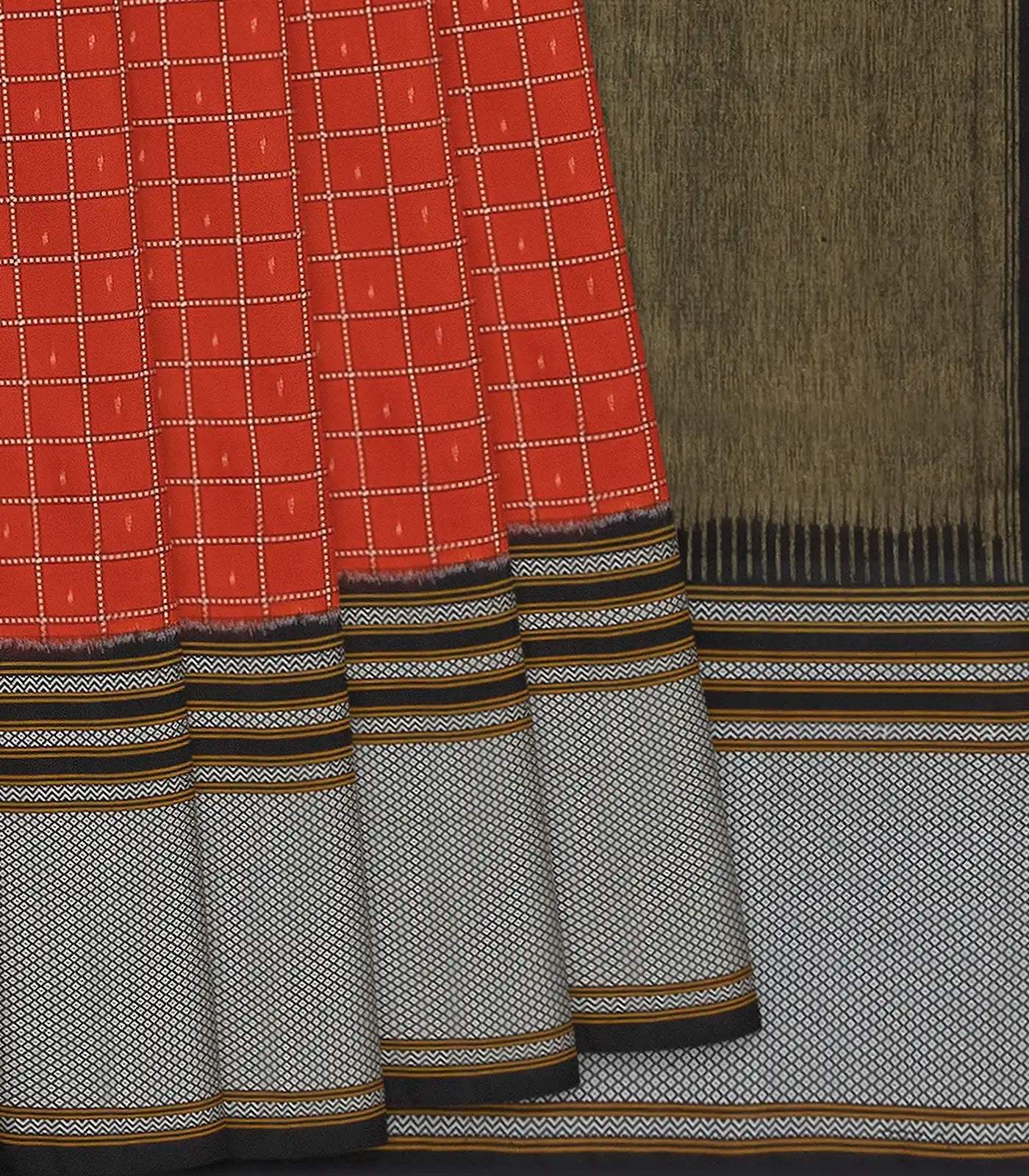 Rust Handloom Single Ikat Saree With Checks-Rust