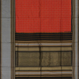 Rust Handloom Single Ikat Saree With Checks-Rust