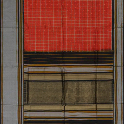 Rust Handloom Single Ikat Saree With Checks-Rust
