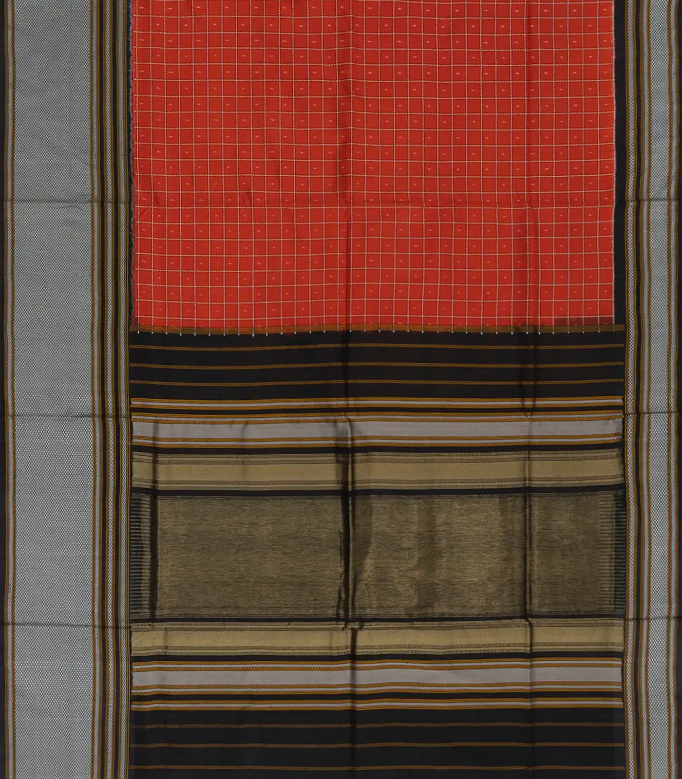Rust Handloom Single Ikat Saree With Checks-Rust