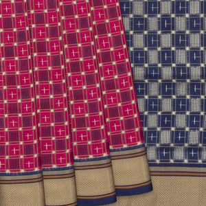 Pink Handloom Ikat Silk Saree With Checks & Navy Pallu-Pink