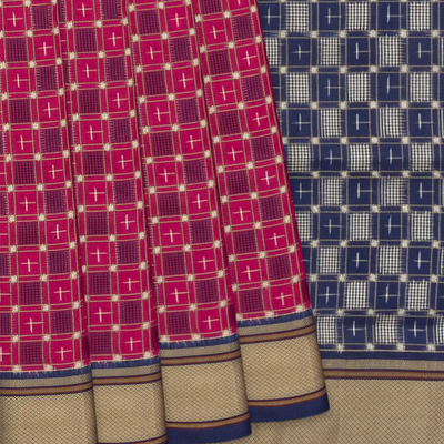 Pink Handloom Ikat Silk Saree With Checks & Navy Pallu-Pink