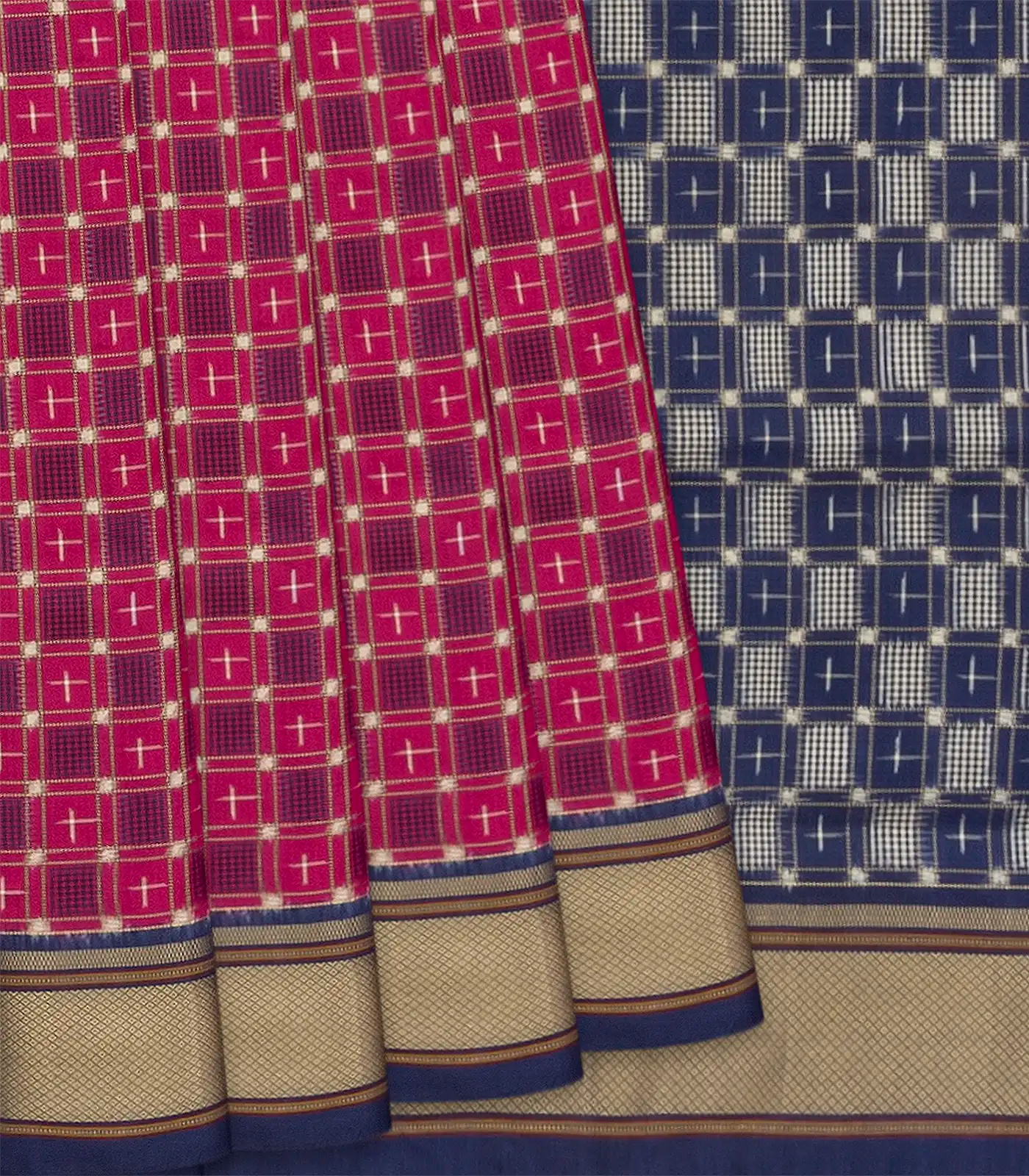 Pink Handloom Ikat Silk Saree With Checks & Navy Pallu-Pink