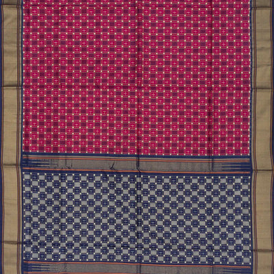 Pink Handloom Ikat Silk Saree With Checks & Navy Pallu-Pink
