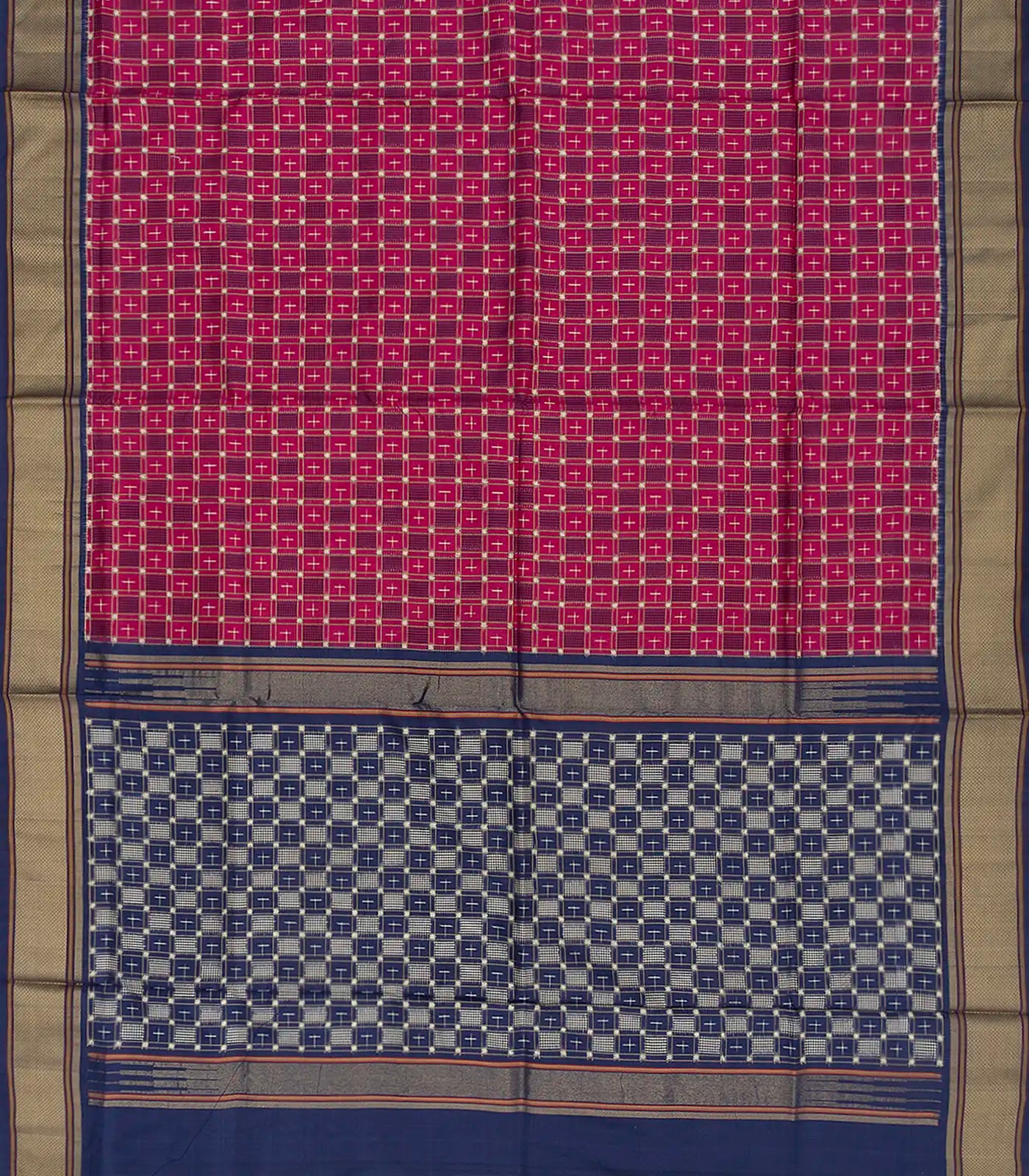 Pink Handloom Ikat Silk Saree With Checks & Navy Pallu-Pink