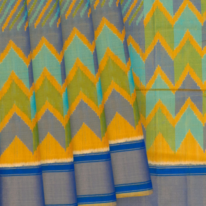 Mango Yellow Handloom Ikat Silk Saree With Stripes & Chevron Motifs-Mango Yellow