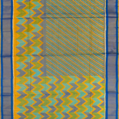 Mango Yellow Handloom Ikat Silk Saree With Stripes & Chevron Motifs-Mango Yellow
