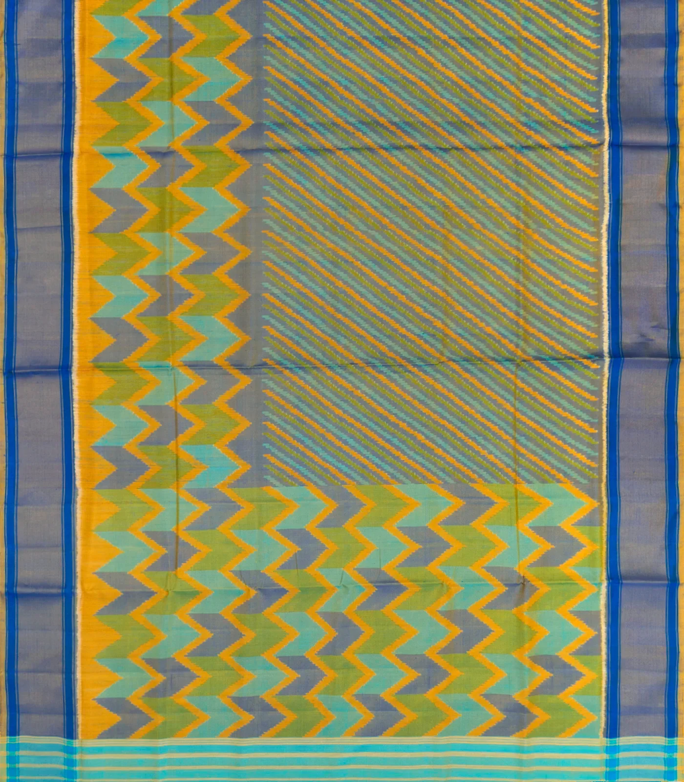 Mango Yellow Handloom Ikat Silk Saree With Stripes & Chevron Motifs-Mango Yellow