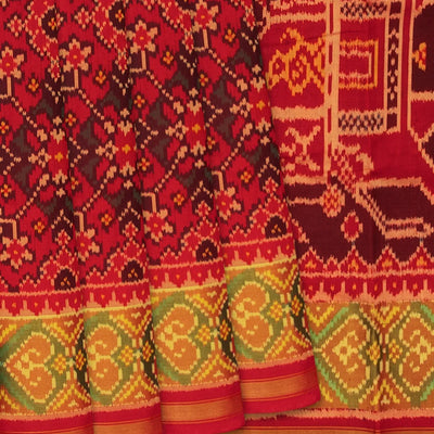 Red Handloom Ikat Silk Saree With Floral Motifs-Red