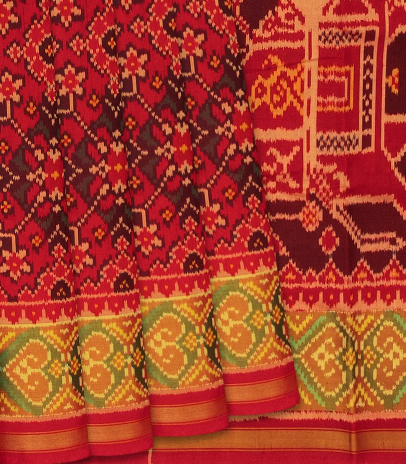 Red Handloom Ikat Silk Saree With Floral Motifs-Red