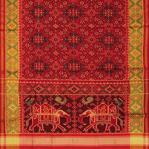 Red Handloom Ikat Silk Saree With Floral Motifs-Red