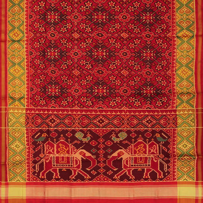 Red Handloom Ikat Silk Saree With Floral Motifs-Red