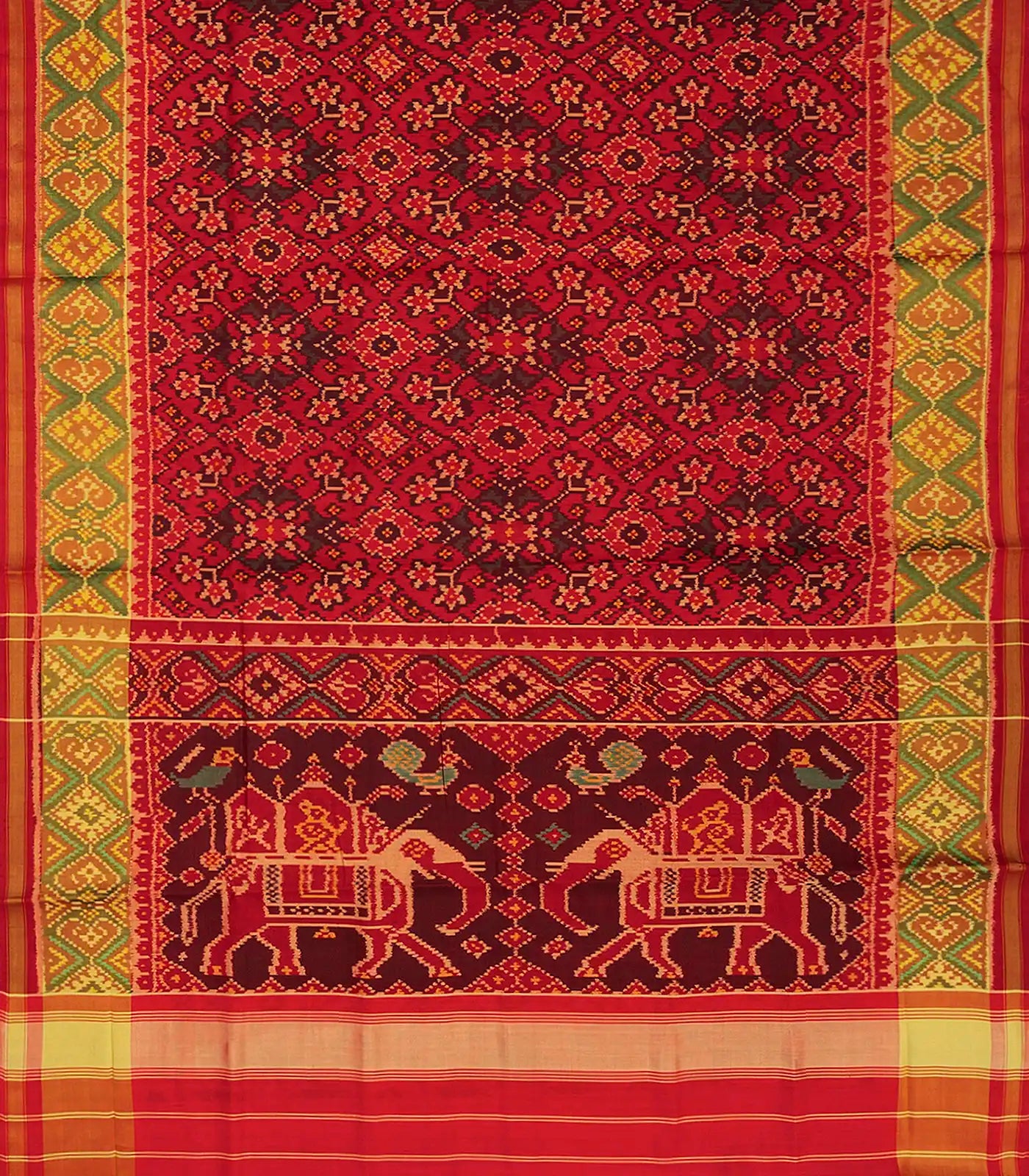 Red Handloom Ikat Silk Saree With Floral Motifs-Red