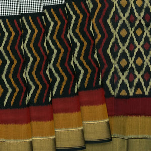 Black Handloom Ikat Silk Saree With Chevron Motifs-Black
