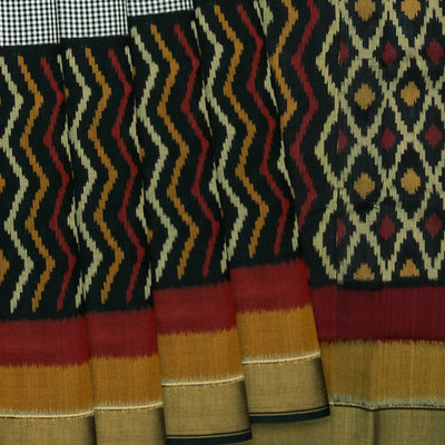 Black Handloom Ikat Silk Saree With Chevron Motifs-Black