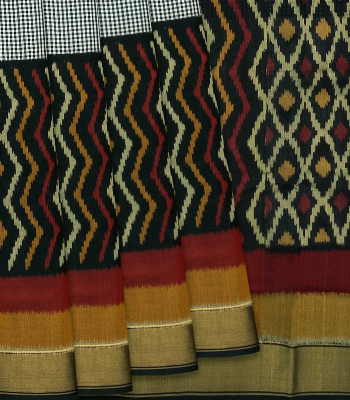 Black Handloom Ikat Silk Saree With Chevron Motifs-Black