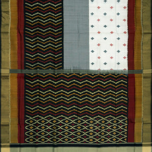 Black Handloom Ikat Silk Saree With Chevron Motifs-Black