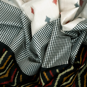 Black Handloom Ikat Silk Saree With Chevron Motifs-Black