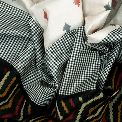 Black Handloom Ikat Silk Saree With Chevron Motifs-Black