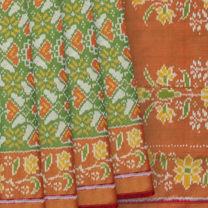 Cardamom Green Handloom Ikat Tissue Silk Saree With Floral Motifs-Cardamom Green