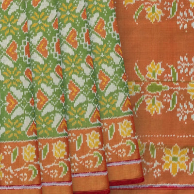 Cardamom Green Handloom Ikat Tissue Silk Saree With Floral Motifs-Cardamom Green