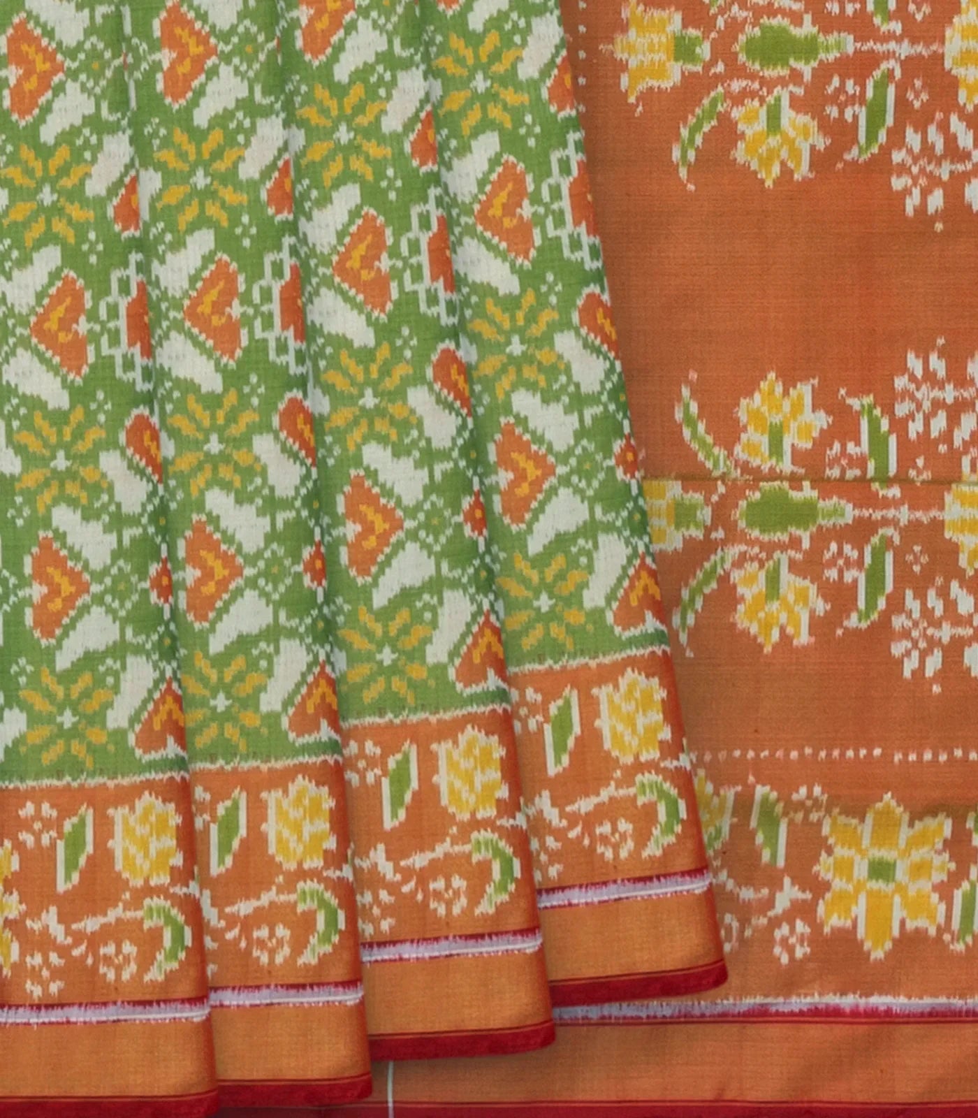 Cardamom Green Handloom Ikat Tissue Silk Saree With Floral Motifs-Cardamom Green