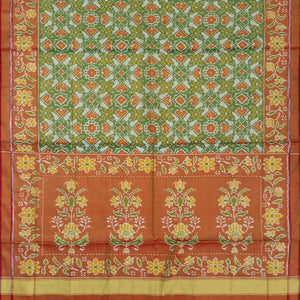 Cardamom Green Handloom Ikat Tissue Silk Saree With Floral Motifs-Cardamom Green