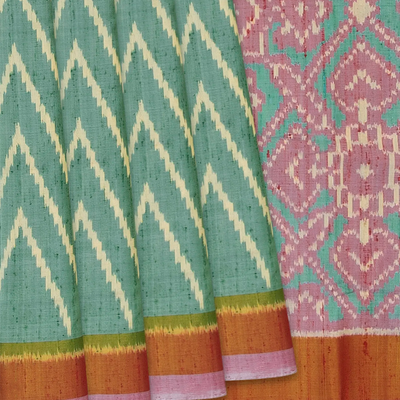 Aquamarine Handloom Ikat Dupion Silk Saree With Chevron Motifs-Aquamarine
