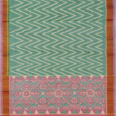 Aquamarine Handloom Ikat Dupion Silk Saree With Chevron Motifs-Aquamarine
