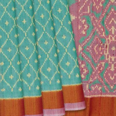 Turquoise Handloom Ikat Dupion Silk Saree With Jaal Motifs-Turquoise