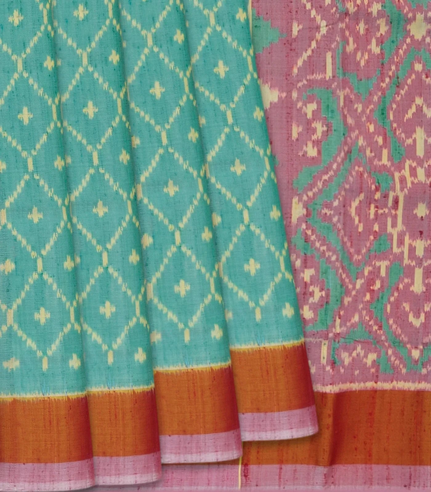 Turquoise Handloom Ikat Dupion Silk Saree With Jaal Motifs-Turquoise