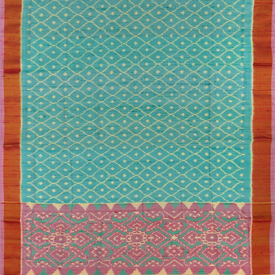 Turquoise Handloom Ikat Dupion Silk Saree With Jaal Motifs-Turquoise