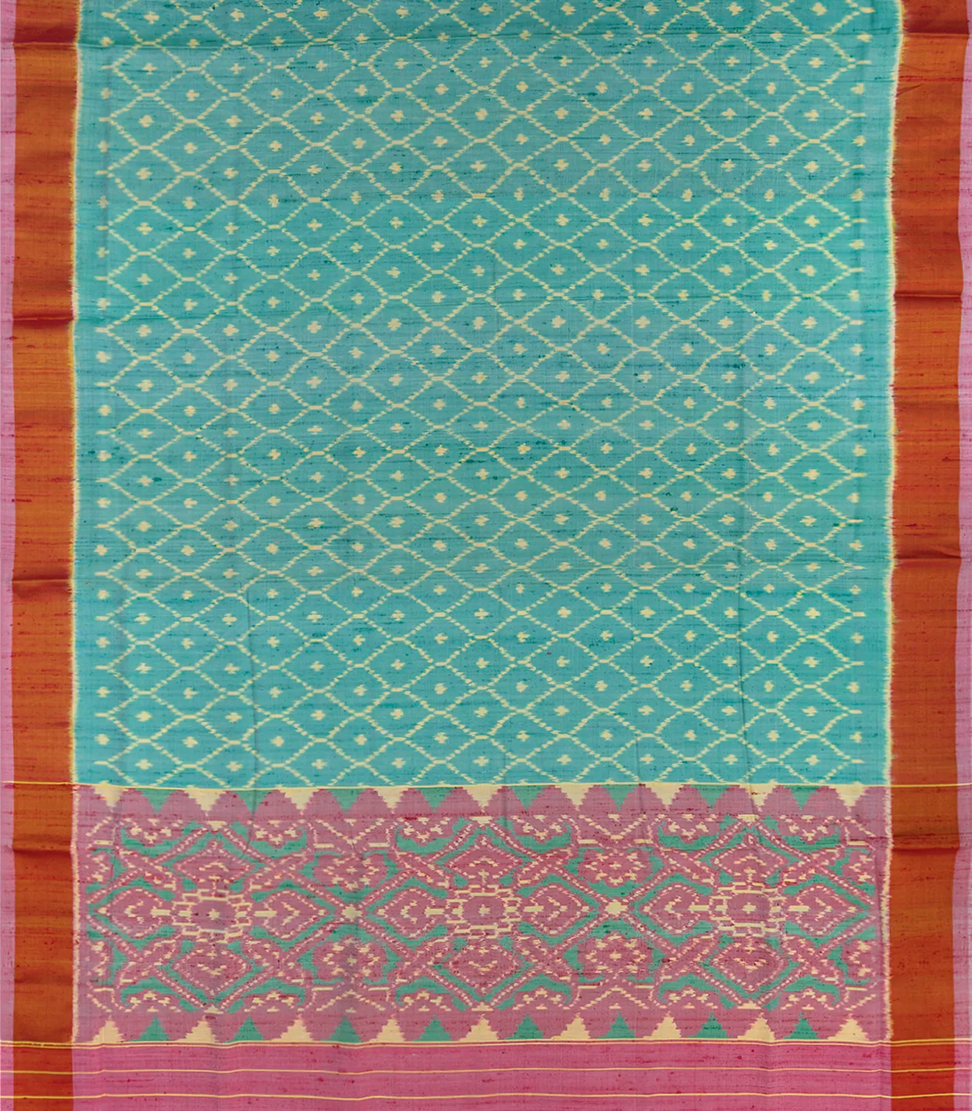 Turquoise Handloom Ikat Dupion Silk Saree With Jaal Motifs-Turquoise