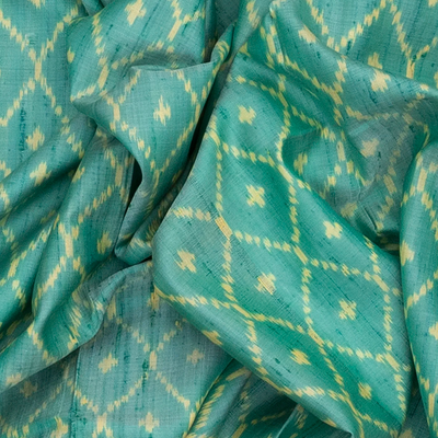 Turquoise Handloom Ikat Dupion Silk Saree With Jaal Motifs-Turquoise