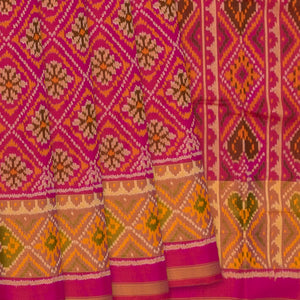 Pink Handloom Ikat Silk Saree With Diamond Floral Motifs-Pink