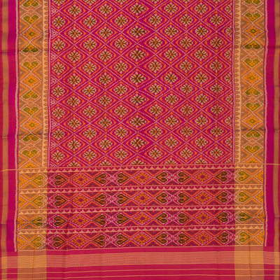 Pink Handloom Ikat Silk Saree With Diamond Floral Motifs-Pink